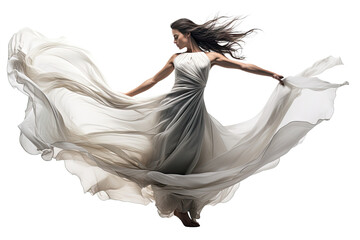 A dancer in mid-leap, with a flowing dress and dynamic hair movement, capturing the elegance and...