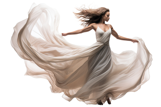 A dancer in mid-leap, with a flowing dress and dynamic hair movement, capturing the elegance and energy of dance