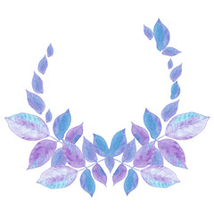 Hand drawn watercolor purple and blue walnut leaves wreath isolated on white background. Can be used for card, label, banner and other printed products.