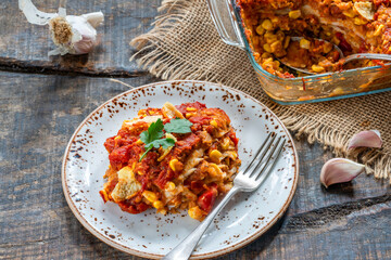 Vegetarian enchilada bake with smoky lentils and sweetcorn