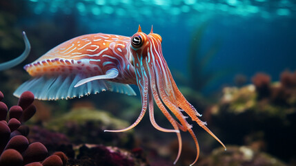realistic macroscopic photo of a beautiful colourful cuttlefish created with Generative Ai - obrazy, fototapety, plakaty