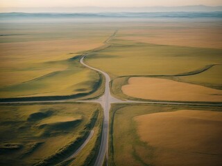 Aerial view of a crossroad in steppe of Kalmykia, road in the desert, road, road in desert, sunset over crossroad in steppe