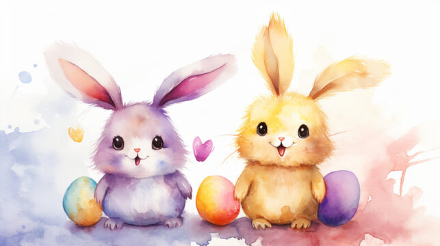 Watercolor greeting card on which Easter bunnies purple and yellow color next to colorful painted eggs