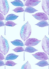 Hand drawn watercolor purple and blue walnut leaves post card isolated on white background. Can be used for card, label, book cover and other printed products.