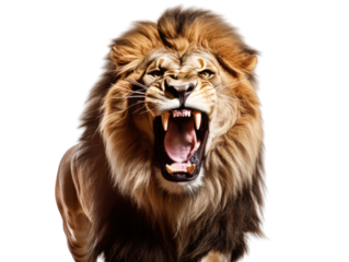 A majestic lion roaring, with detailed focus on the mane and expression, portraying power and wild beauty
