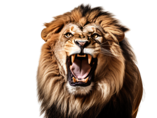 A majestic lion roaring, with detailed focus on the mane and expression, portraying power and wild beauty