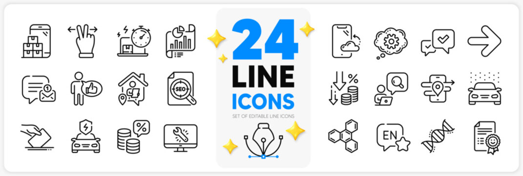 Icons set of English, Approve and Gps line icons pack for app with Like, Deflation, Next thin outline icon. Chemistry dna, New message, Delivery online pictogram. Cogwheel, Car wash, Work home. Vector