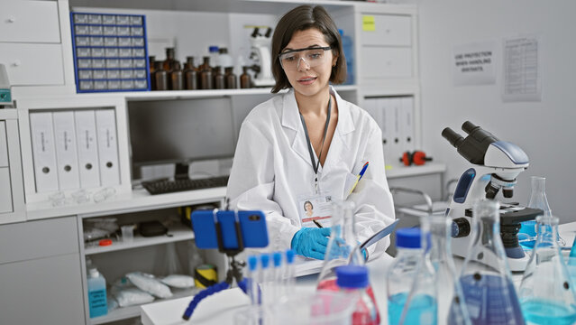 In the hustle of lab life, stunning young hispanic female scientist taking notes while on video call in bustling laboratory