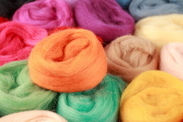 Skeins of wool, fibers, bright merino wool for crafts, selective