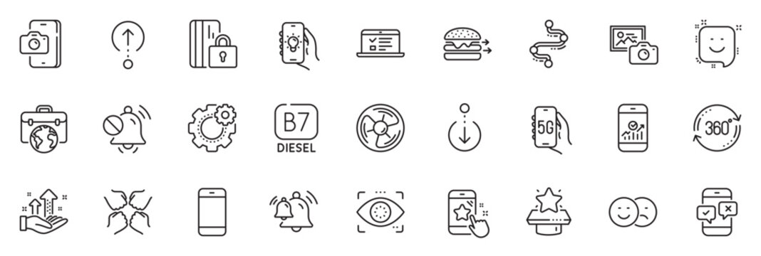 Icons pack as Analysis graph, Phone survey and Smile line icons for app include Swipe up, Cogwheel, Phone photo outline thin icon web set. Photo camera, Squad, Like pictogram. Smartphone. Vector