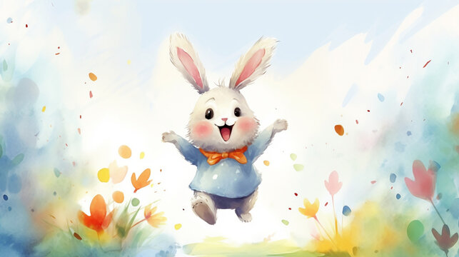 Childrens watercolor drawing of a cheerful Easter bunny running along a path in a meadow among flowers