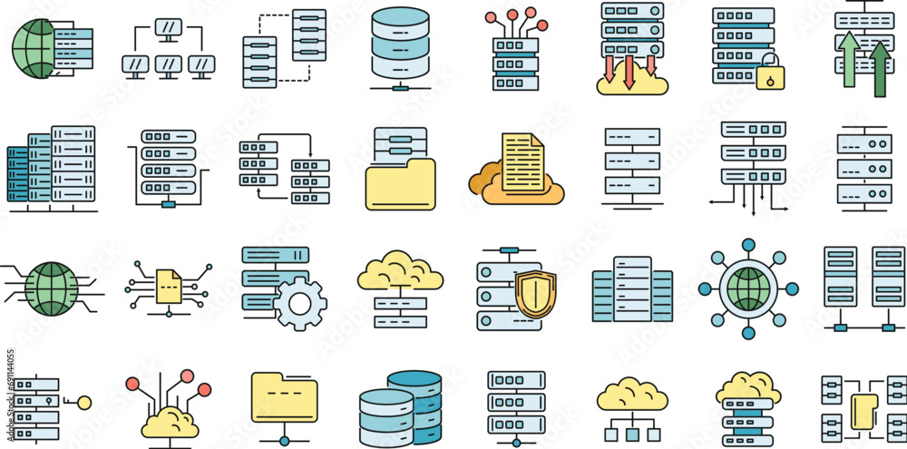 Poster data center icons set. outline set of data center vector icons thin line color flat on white