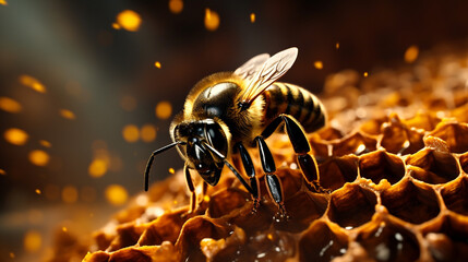 realistic macro close up photo of a bee in a hive created with Generative Ai - obrazy, fototapety, plakaty