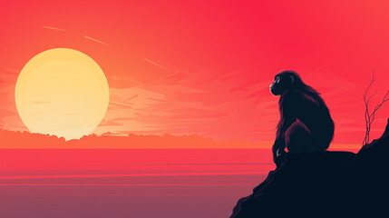 Silhouette of a sitting monkey at sunset - obrazy, fototapety, plakaty