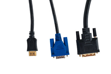 DVI HDMI digital and VGA analog video cable for connecting an external TV screen monitor to a computer laptop for watching video video signal transmission isolated on a white background close