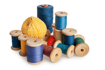 ball of thread, spool of sewing thread and needle isolated on white background, close