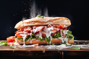 A delicious huge sandwich with fresh bread, ham and vegetables. With drops of sauce dripping around.