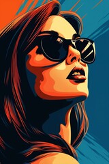 Portrait of a beautiful fashionable woman with a hairstyle and sunglasses, orange and blue color background. Illustration, poster in style of the 1960s