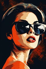 Portrait of a beautiful fashionable woman with a hairstyle and sunglasses, orange and black color background. Illustration, poster in style of the 1960s