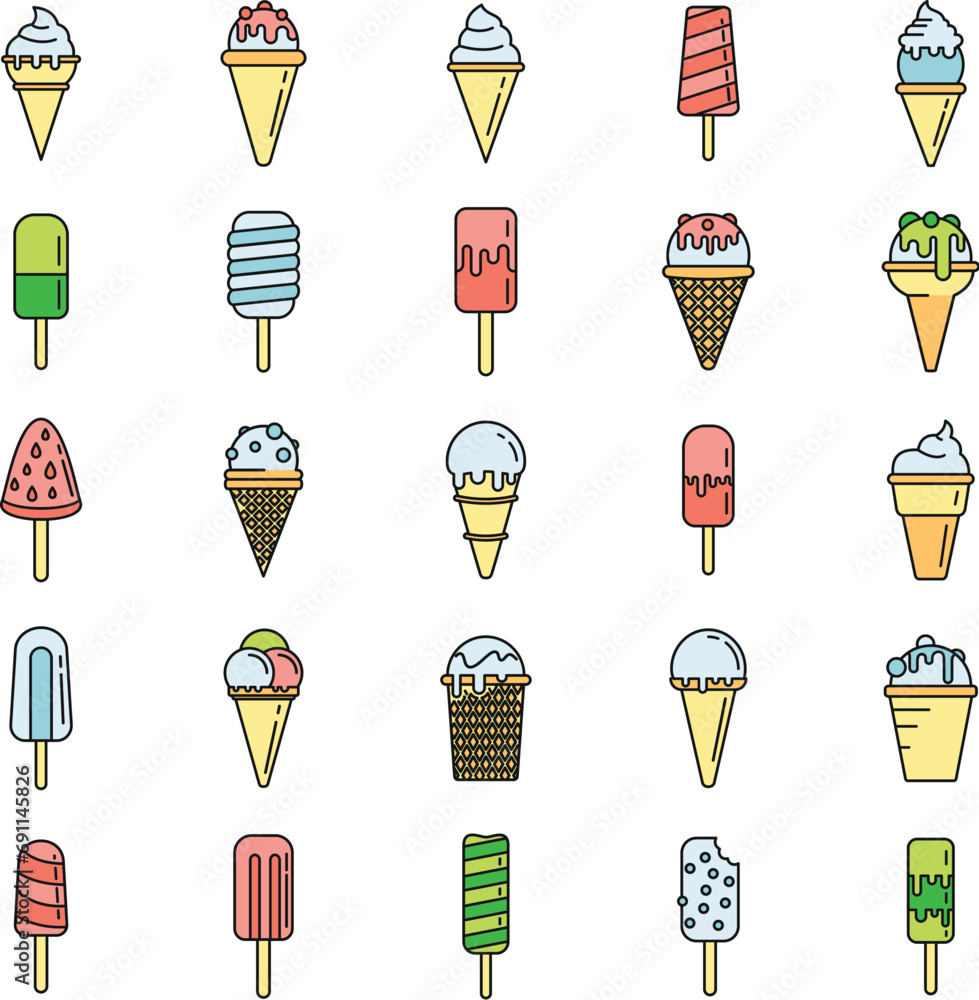 Poster ice cream cone icons set. outline set of ice cream cone vector icons thin line color flat on white