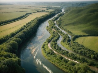 Aerial view of winding Grosse Lauter river in summer