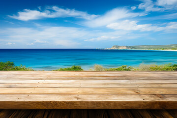 Fototapeta premium Empty wooden table against the background of the ocean.