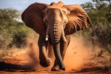 An angry bull elephant runs towards you. - obrazy, fototapety, plakaty