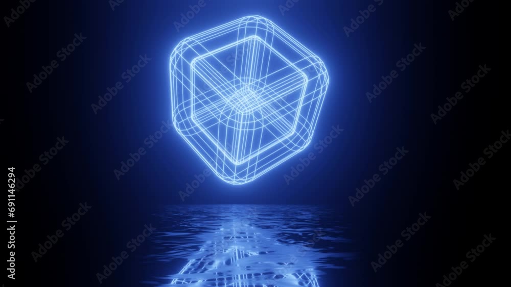 Poster blue neon boxes. neon design 4k video with various neon elements and a reflecting floor. looped 3d r