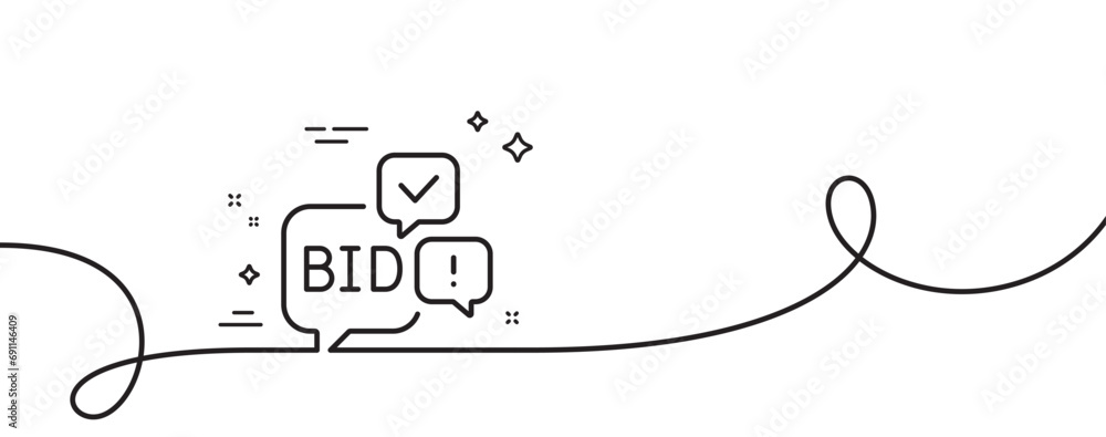 Poster bid offer line icon. continuous one line with curl. auction sign. raise the price up symbol. bid off