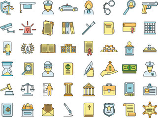 Justice legal icons set. Outline set of justice legal vector icons thin line color flat on white