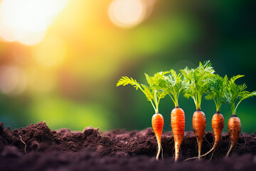 Ripe carrots in a garden bed. - obrazy, fototapety, plakaty