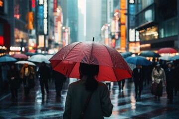 A woman with an umbrella in a busy city on a rainy day.