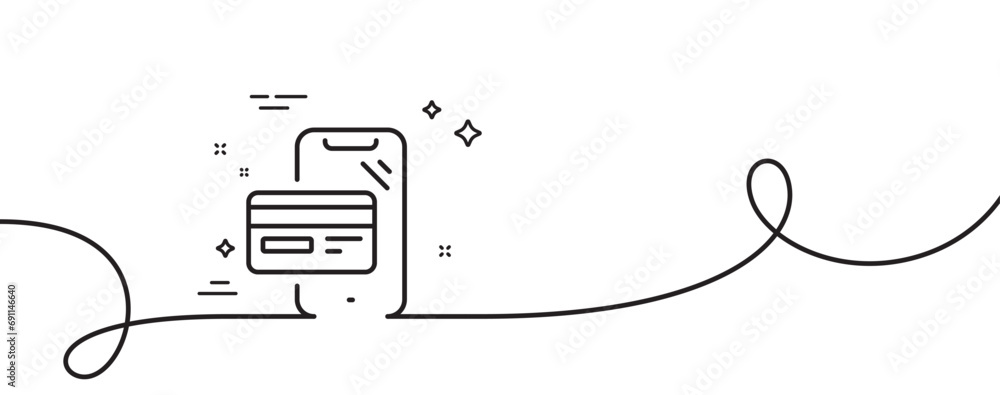 Poster online shopping line icon. continuous one line with curl. mobile buying sign. credit card purchases 