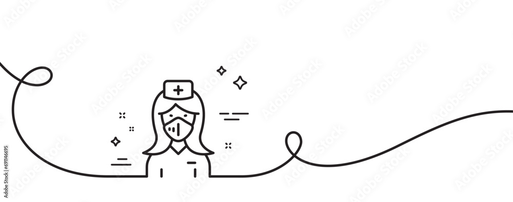Poster nurse with medical mask line icon. continuous one line with curl. doctor assistant sign. face protec