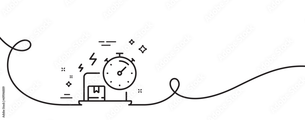 Poster delivery time line icon. continuous one line with curl. parcel shipment sign. online express service
