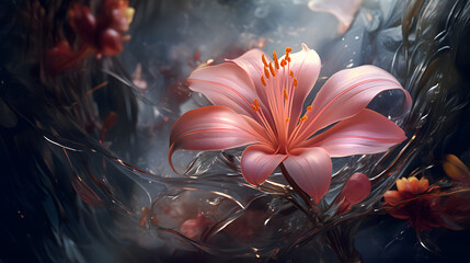 Surreal Peach Flower in Ethereal Water-like Setting
