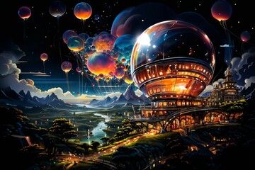 futuristic flying vehicle over the city, aerial view, cityscape, sky at sunset, aerial transportation of future