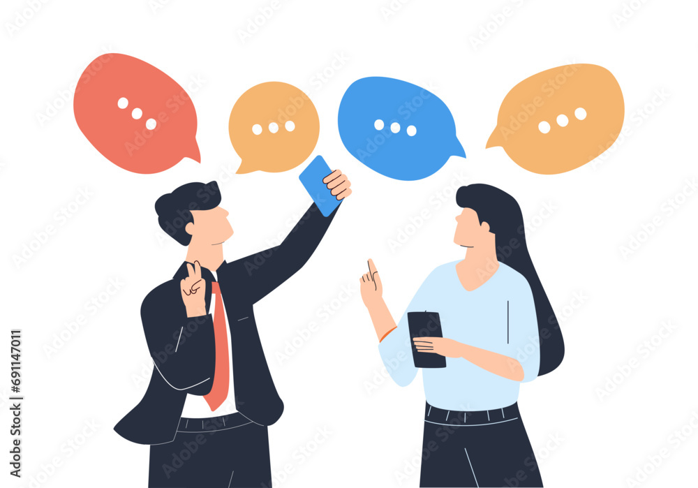 Poster social networking virtual relationships concept. flat people characters chatting via internet using 