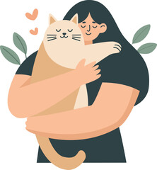 Flat vector illustration. Girl hugging her cat. Concept of love to animals and careful attitude . Vector illustration