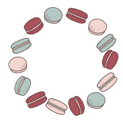 Wreath from macaroons in boho colors. Vector flat illustration of dessert for menu, logo of cafe or pastry store.