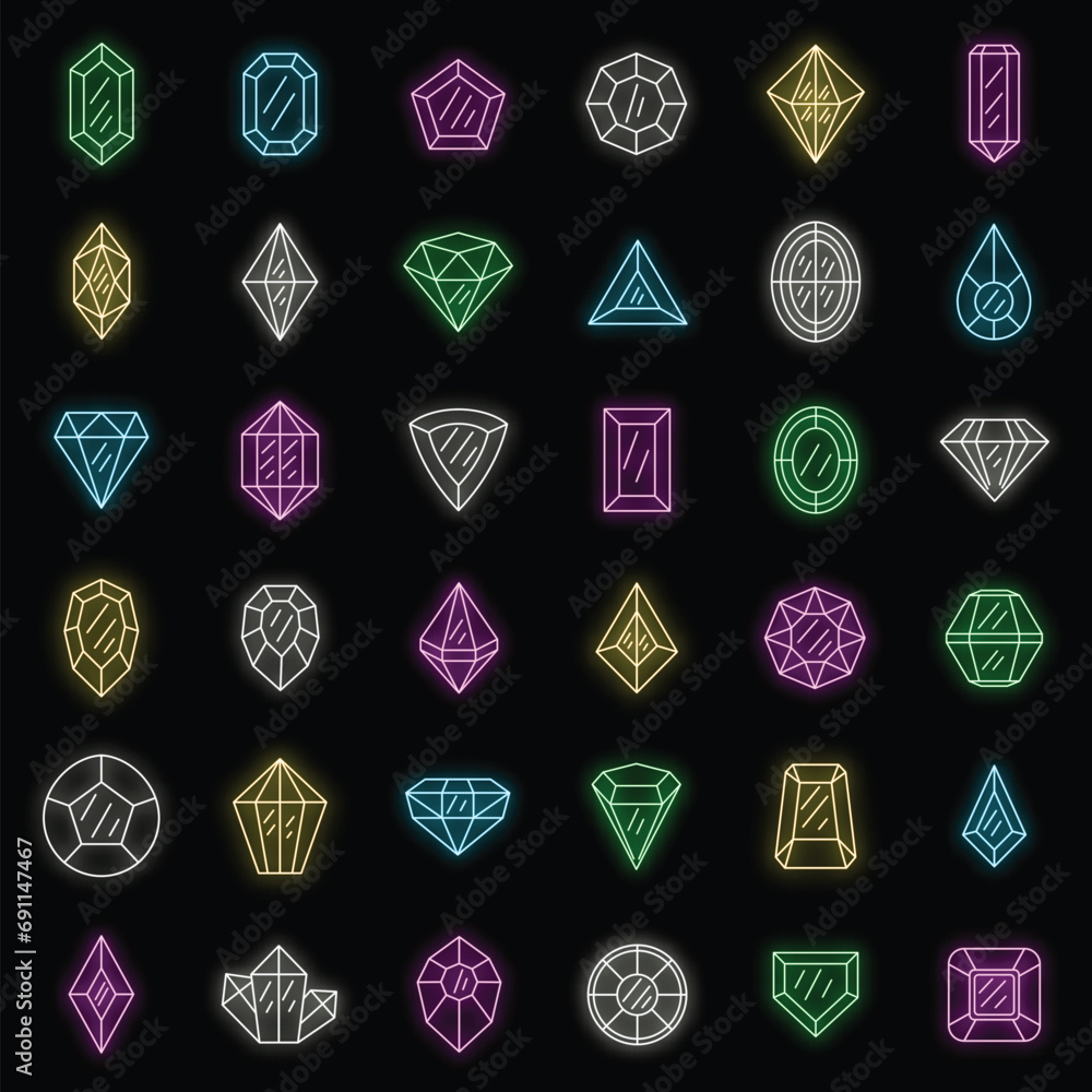 Poster gemstone icons set. outline set of gemstone vector icons neon color on black