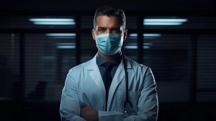Fototapeta na wymiar Specialist doctor in surgical mask, man working in hospital, professional medical care