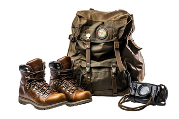 Backpack, hiking boots, and a compass laid out, ready for an adventure in nature