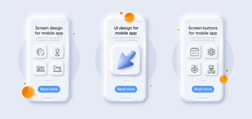 Obraz premium Recovery laptop, Calendar and Work home line icons pack. 3d phone mockups with cursor. Glass smartphone screen. Atom core, Creative idea, Education web icon. Vector