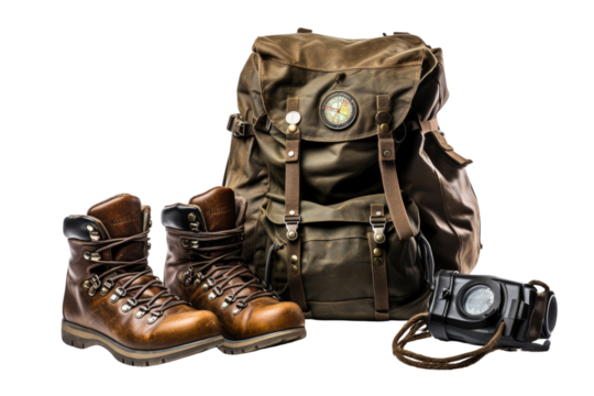Backpack, hiking boots, and a compass laid out, ready for an adventure in nature