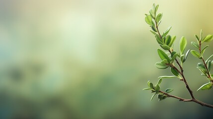  a close up of a tree branch with green leaves on a blurred green and blue background with a blurry image of a tree branch in the middle of the foreground. - obrazy, fototapety, plakaty