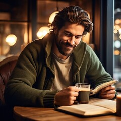 A man sipping coffee at a cozy cafe table, engrossed in a book with a peaceful expression
