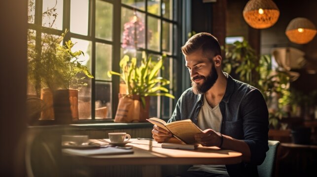 A man sipping coffee at a cozy cafe table, engrossed in a book with a peaceful expression