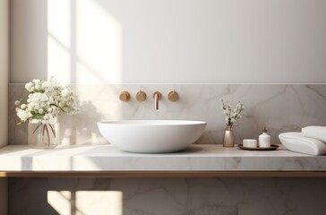 Fototapeta na wymiar modern bathroom with a white marble vanity and white bowl