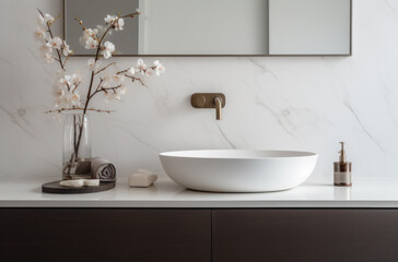 modern bathroom with a white marble vanity and white bowl
